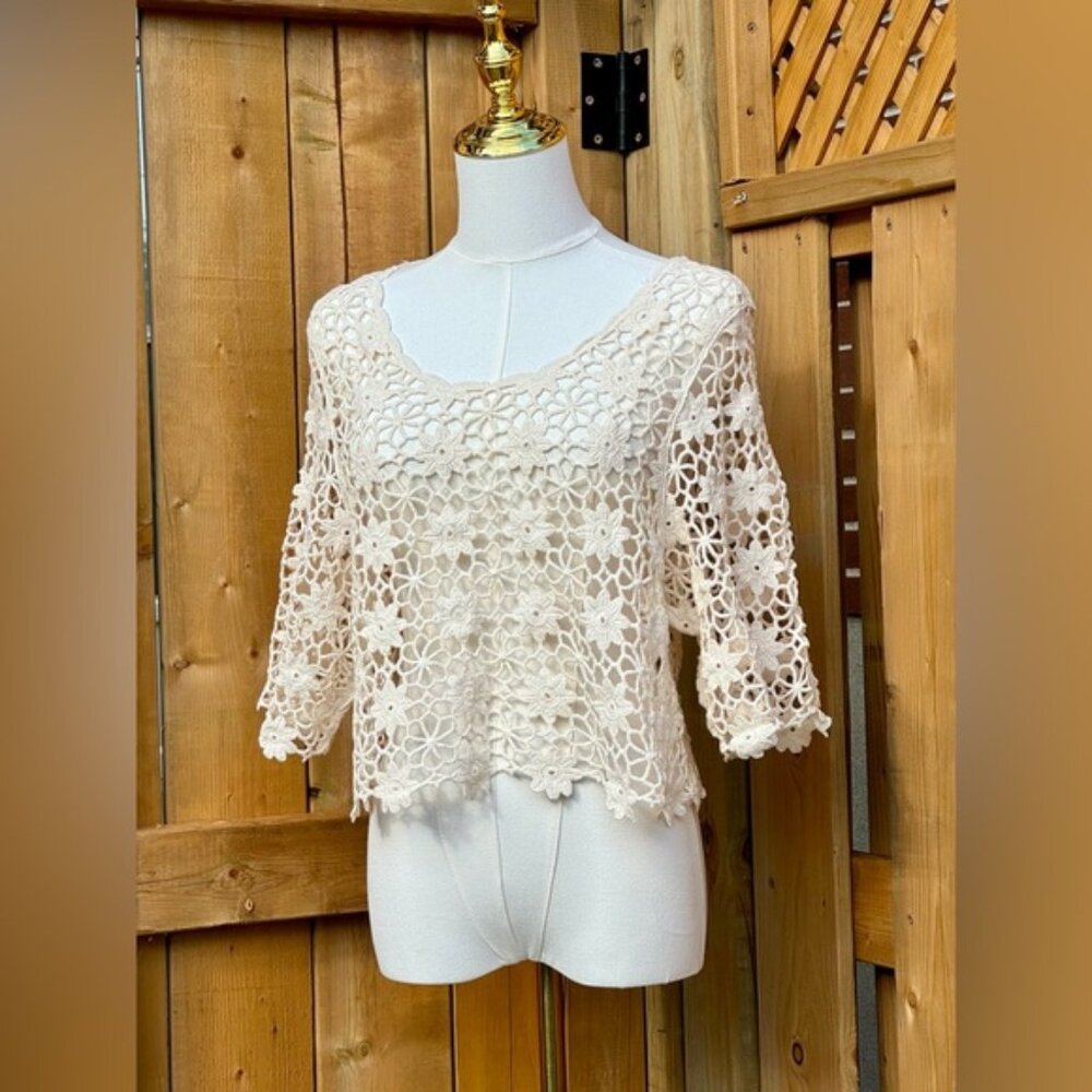 🆕 FARM Rio 🧿 NWOT Off White Crochet Crop Top, Sz Sm